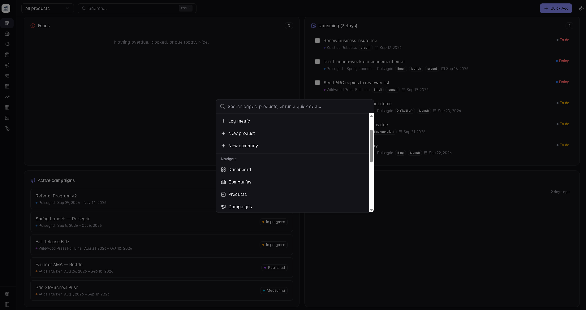 Kaiyo Management's command palette open over the Dashboard, showing search and quick-add options